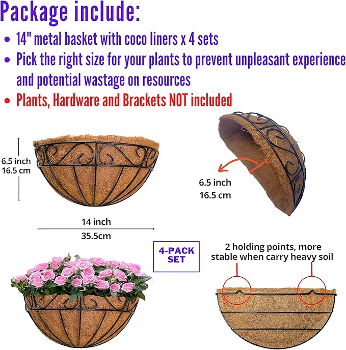 LaLaGreen Outdoor Wall Planters, 4 Pack, 14 Inch Large Balcony Planter Railings Hanging, Rail Flower Basket with Coco Liner English Horse Trough Black Metal Wire Succulent Pot Holder Deck Porch Garden