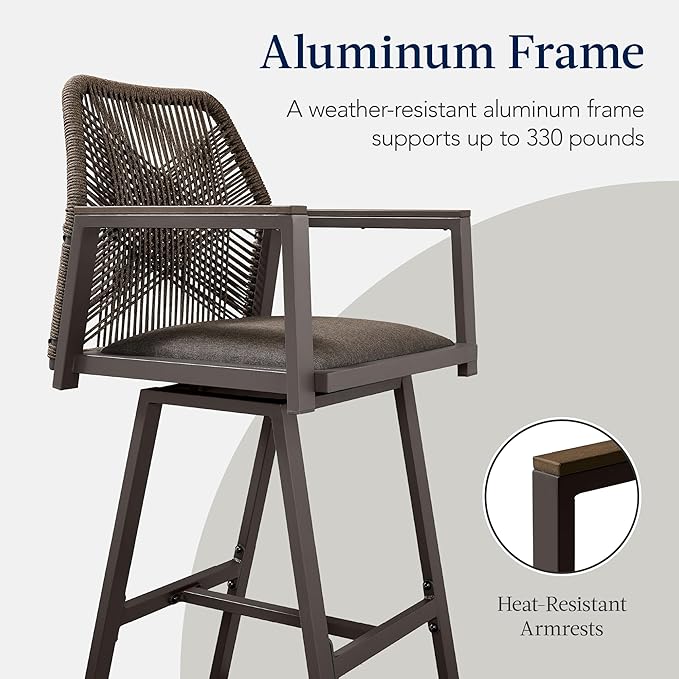 Best Choice Products Outdoor Bar Stools Set of 2, Bar Height, 360° Swivel Aluminum Frame, All-Weather Woven Rope Chair Design w/Armrests - Brown/Mocha