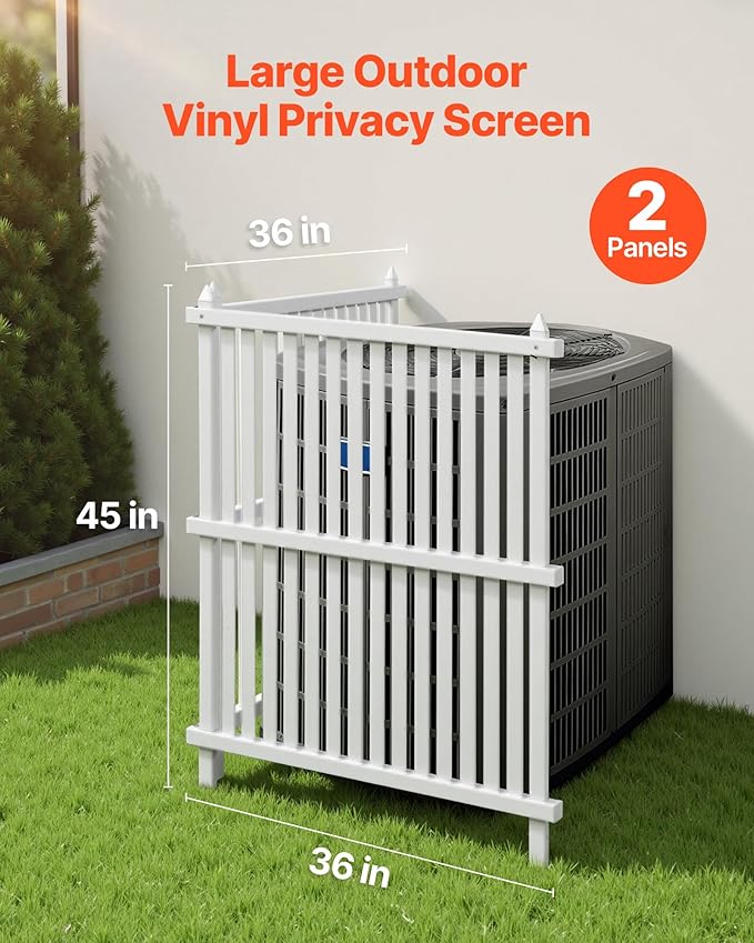 VEVOR 2 Panels Outdoor Privacy Screen, 36 x 45 in Air Conditioner Fence with 19.7 in Ground Stakes, Pool Equipment Enclosure, Strip Vinyl Privacy Fence, Ideal for Trash Can and A/C Units, White