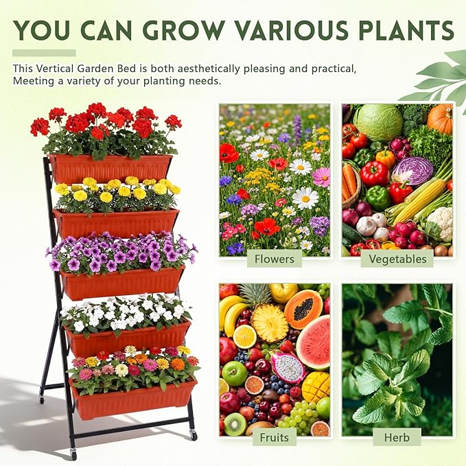 2 Pack 5-tier Vertical Garden Planter 4.5 ft Tall Raised Garden Bed with Lockable Wheels & Drainage, Removable Elevated Herb Vegetable Flower Planter for Patio Deck Indoor Outdoor(Brick Red)