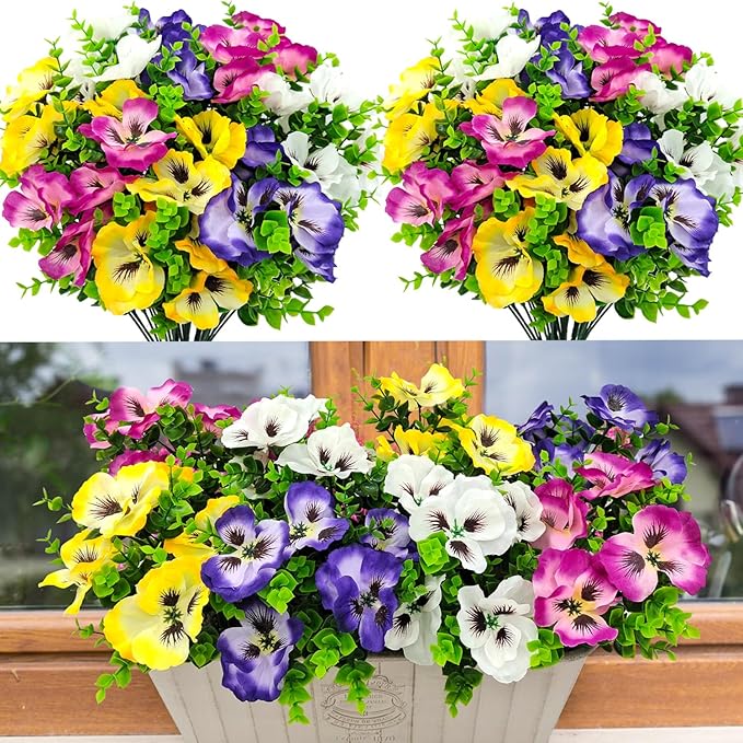 Pansies Artificial Flowers for Outdoors UV Resistant 12 Bundles Silk Pansy Plastic Fake Plants Flowers for Home Outside Garden Window Box Patio Planter Porch Decor (Mixed Color1)