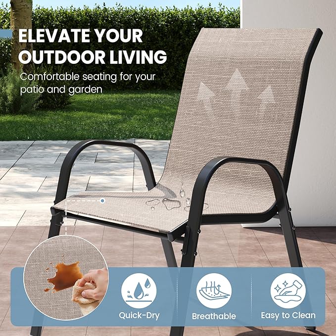 Patio Dining Chairs Set of 4, Stackable Dining Chairs High Back, Breathable Seat Fabric and Alloy Steel Frame for Backyard, Porch, Garden, Sunroom (Light Brown)
