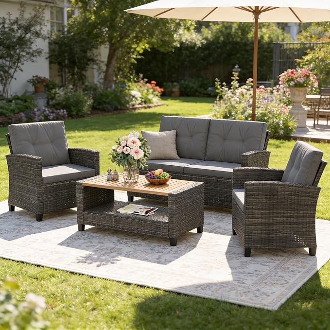 Wisteria Lane 4 Piece Patio Furniture Set, Wicker Outdoor Patio Conversation Furniture Set, All Weather Outdoor Patio Sofa with Cushion and Wood Table, Grey Wood