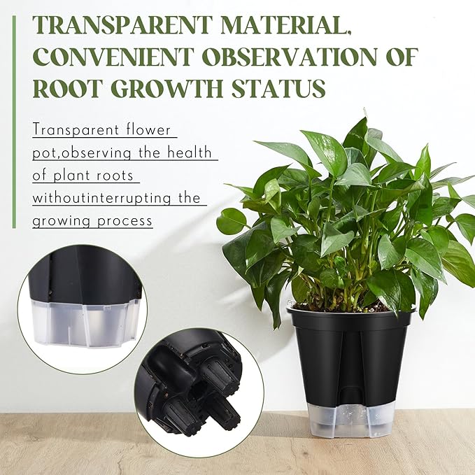Self Watering Pots for Indoor Plants with Deep Reservoir and High Drainage Holes for Outdoor Plants and Flowers, Bare Root Planter(4.72'', 5.91'', 7.09'',Black,9 Pcs)