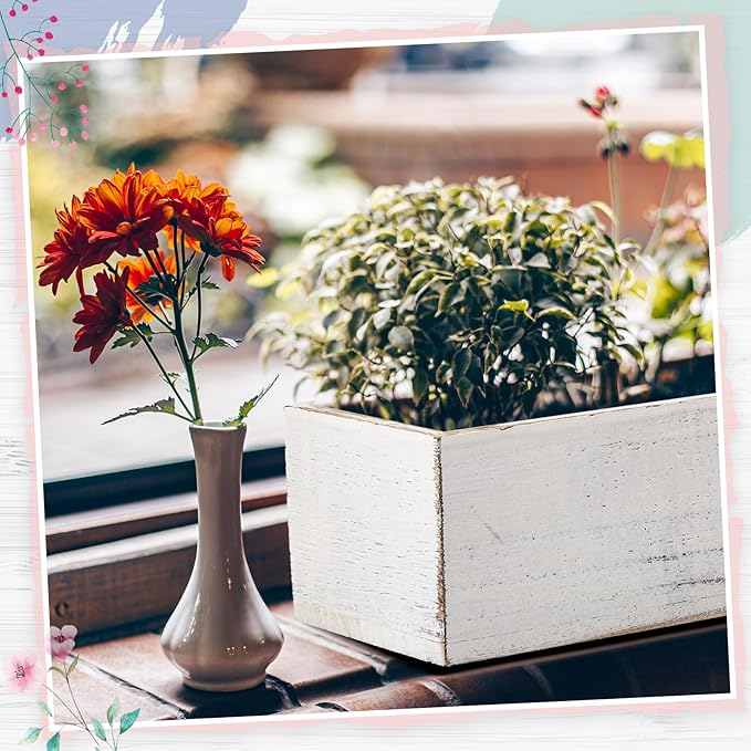 Dandat 4 Set Wood Boxes for Centerpieces 12x4 Inch Rectangle Wooden Planter Box Rustic Wooden Planters with Removable Plastic Liner Floral Foam Blocks for Christmas Wedding Home Garden Decor(White)