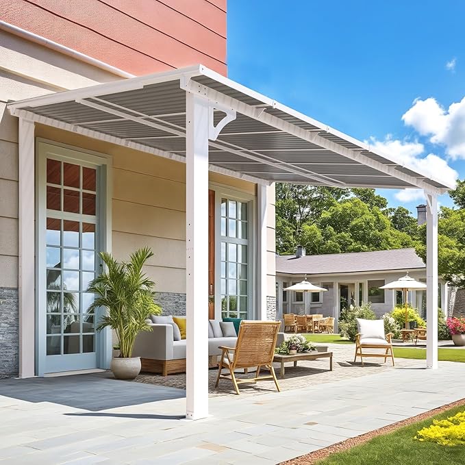 AECOJOY 12' x 8' Outdoor Gazebo Pergola for Patio, Large White Hardtop Lean to 8x12 Gazebo Shelter Pergolas and Gazebos Clearance with Patio Roof, Wall-Mounted Heavy Duty Awnings for Backyard
