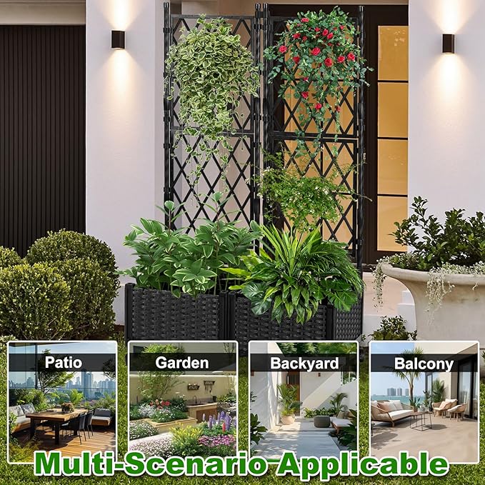Raised Garden Beds with Screen Outdoor, Garden Trellis for Climbing Plants Indoor, Raised Privacy Planter Box with Trellis for Balcony Backyard Patio, Black, 2 Pcs
