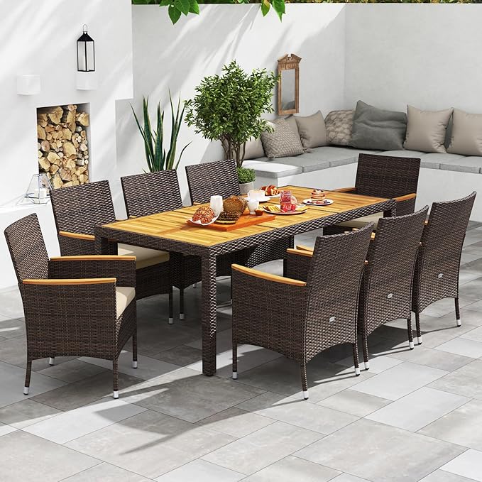 Tangkula 9 Pieces Rattan Outdoor Dining Set for 8, Outdoor Acacia Wood Table Set with 8 Cushioned Wicker Chairs, Umbrella Hole, Patio Dining Furniture Set for Deck Pool Backyard
