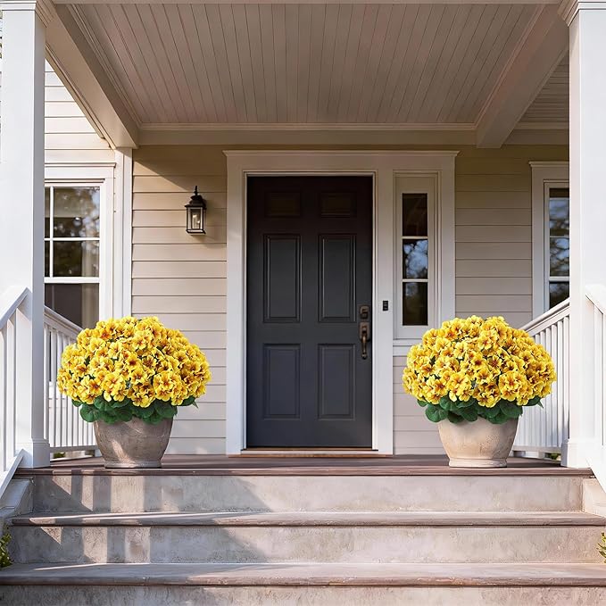 2 Pack Artificial Geranium Flowers Topitary Trees for Outdoors, UV Resistant Geraniums Potted Bushes Look Real Silk Faux Plants for Front Door Garden Porch Planter Farmhouse Home Decor (Yellow)