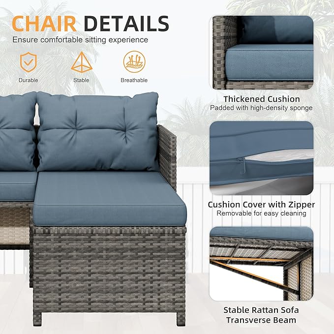 Shintenchi 3-Piece Outdoor Patio Furniture Sets, Wicker Patio Conversation Sets, All Weather Wicker Rattan Patio Seating Sofas with Glass Coffee Table and Cushion, Blue-Gray