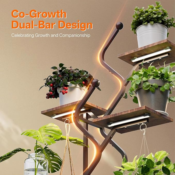 Bstrip 63 Inch Plant Stand with Grow Light, 7-Tier Indoor Plant Shelf with Hanging Hooks, Decor Corner Plant Stand for Living Room & Patio, Black