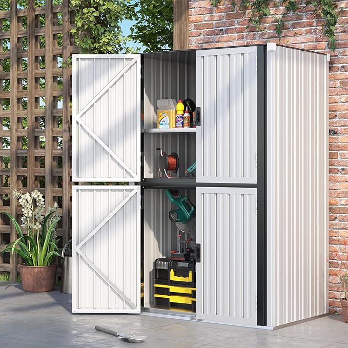AECOJOY Outdoor Storage Cabinet Waterproof, Large Tall Vertical Outdoor Cabinets Waterproof with Shelves, Lockable Storage Cabinet Metal Storage Shed Weatherproof Garden Sheds & Outdoor Storage White