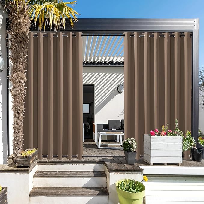 NICETOWN Outdoor Curtains for Patio W100 x L108 inch 2 Pieces, Sun Blocking Screen Shades 100% Privacy for Porch, Pergola, Lanai, Outside Deck, Weatherproof Blinds for All Season, Tan