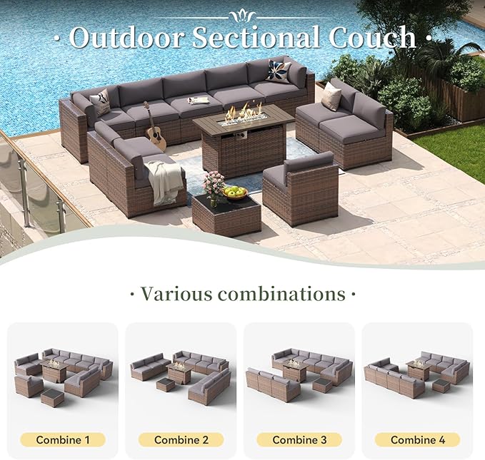 Aoxun 12 Piece Patio Furniture Set with 44” Fire Pit Table Wicker Rattan Outdoor Sectional Sofa Set with Coffee Table and Thickened Cushions, Grey (Waterproof Cover Included)