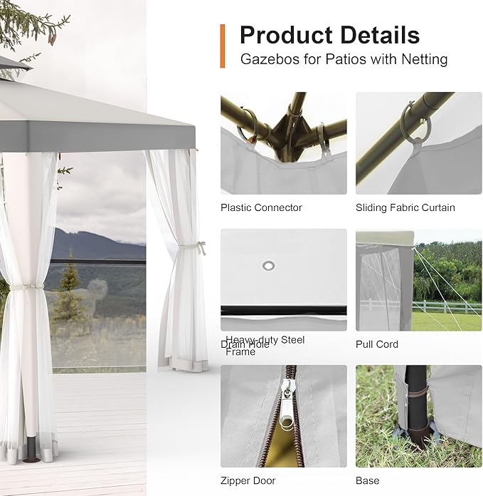 Patio Gazebo Tent Outdoor Canopy Shelter 10'x10' with Removable Netting,100 Square Feet of Shade for Garden, Backyard Deck and Lawns (Gray)