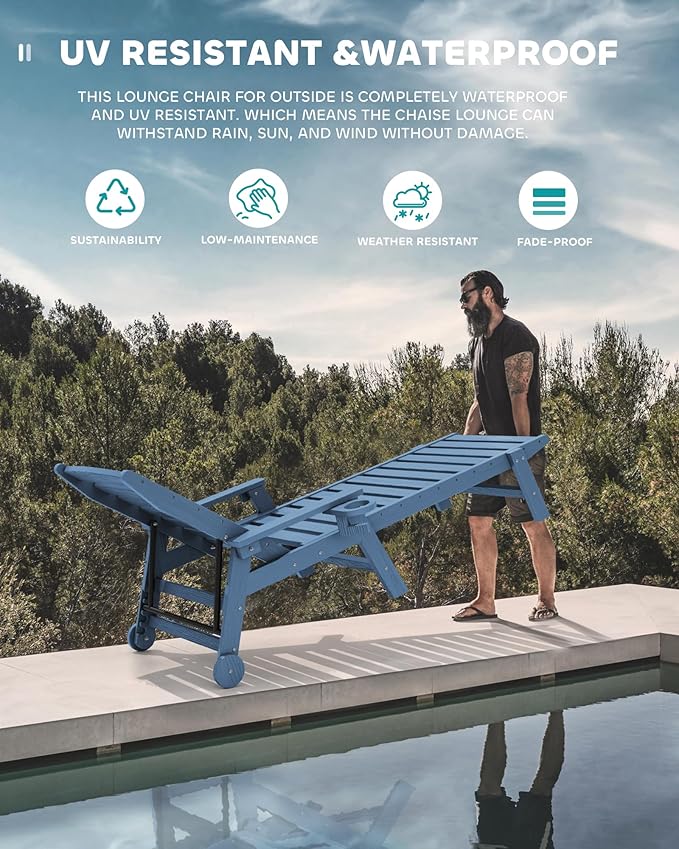 SERWALL Patio Chaise Lounge Chair Set of 2 with 9FT Patio Umbrella, 78'' HDPE Outdoor Lounger, Poly Lounge Chair with Rolling Wheels & Cup Holder for Pool,Blue (Umbreall Base not Included)