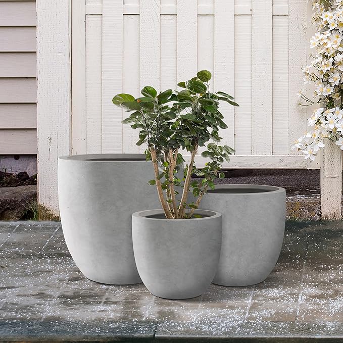 Kante 20",16.5",13.4" Dia Round Concrete Planters (Set of 3), Outdoor Indoor Modern Decorative Plant Pots with Drainage Hole & Rubber Plug for Home & Garden, Natural Concrete