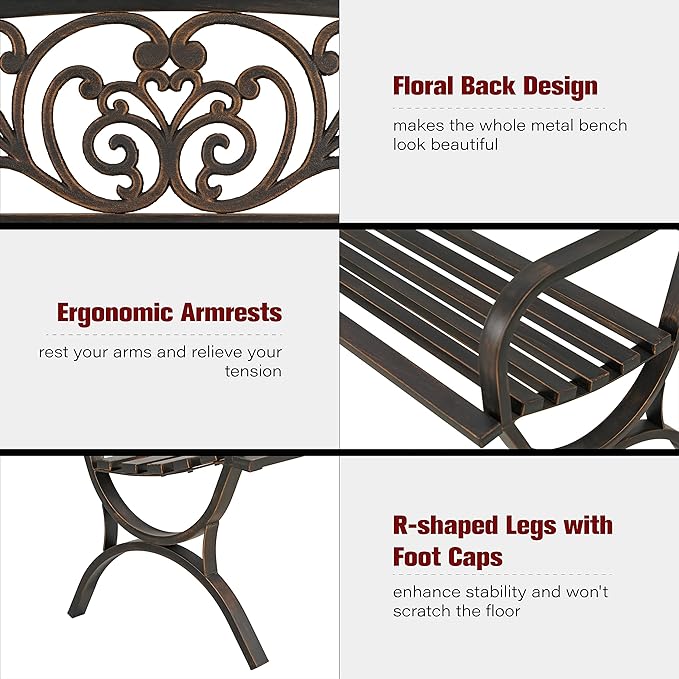 Sophia & William Metal Outdoor Bench, 50" Outdoor Garden Bench Patio Park Bench, Cast Iron Park Benches for Outside with Floral Design Backrest, Bronze