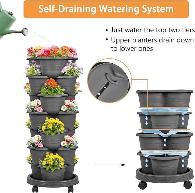 VECELO 7 Tier Vertical Garden Planter, Self Watering Stackable Planters with Wheels for Strawberries, Herbs, Flowers, Vegetables, Dark Gray
