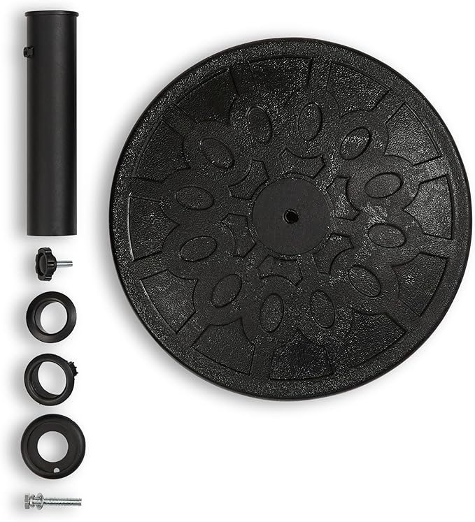 Backyard Expressions 20 lb Round Patio Umbrella Base – Heavy Duty Resin-Coated Calcium Carbonate Stand with Adjustable Pole Adapters Fits 1.5"–2" Poles, Weather-Resistant, Black Finish
