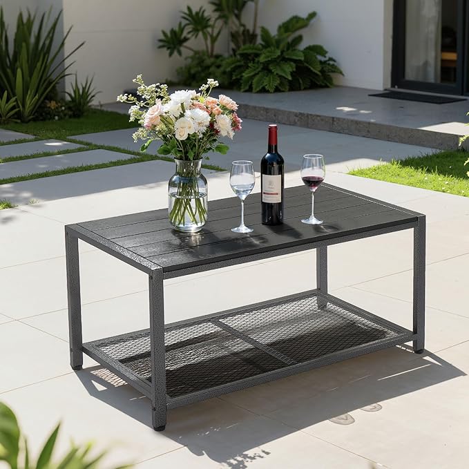 VINGLI Outdoor Coffee Table with Double-Layer Storage, Rectangle Weather-Resistant Patio Coffee Table for Garden, Balcony, Hot Tub, Poolside, Heavy-Duty Metal Frame, Black Modern Design