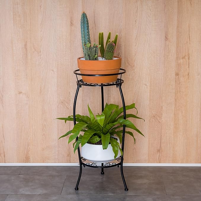 FaithLand Plant Stand, Metal Planter Holder Indoor Outdoor, 2 Tier Round Potted Supports Rack, Corner Display Shelf Black, Tall