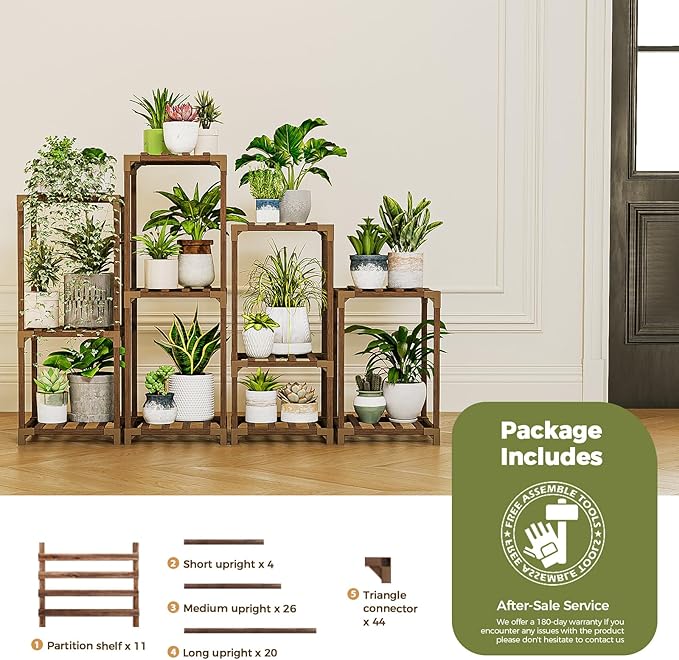 Bamworld Plant Stands Indoor 4 Sets Plant Shelves Outdoor Wooden Plant Holder for Multiple Plants Flower Stands Window