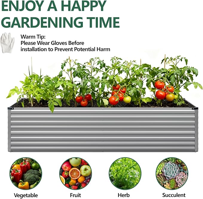 Vengarus 8x4x2FT Galvanized Raised Garden Bed Kit, Large Rectangle Elevated Planter for Vegetables, Flowers, Herbs and Succulents - 479 Gallon Capacity,Silver
