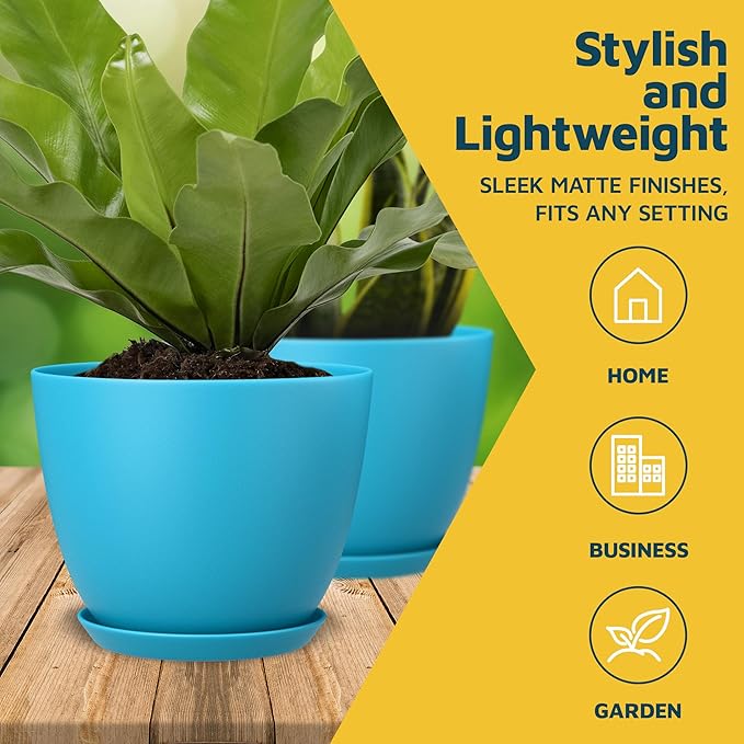 Blue Plant Pots with Drainage Holes & Saucers 5 Pack, Indoor & Outdoor Stackable Space-Saving Planters for Houseplants & Flowers, (7", 6.7", 6", 5.3", and 4.8" Inches), Durable & Weatherproof