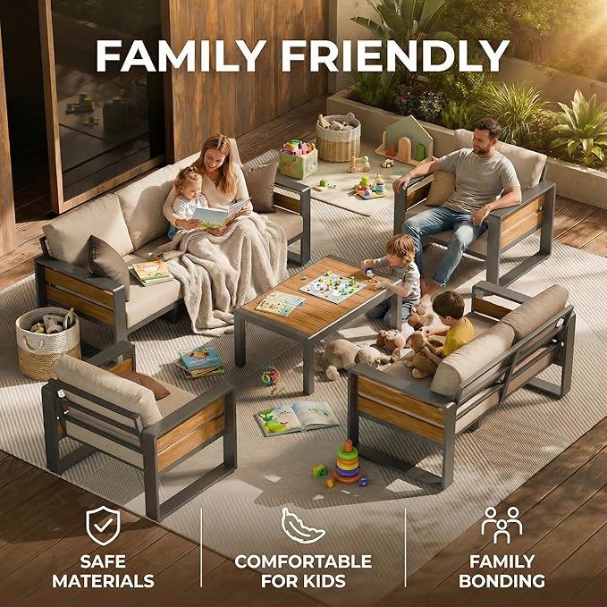 ZANDOR Outdoor Patio Conversation Sets, 4-Piece Aluminum Metal Outside Sectional Lawn Furniture with Coffee Table & Washable Thick Cushions,Seating Sofa for Garden/Backyard/Porch, Grey