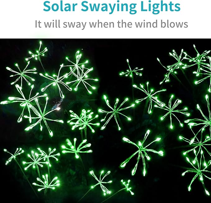JJGoo Solar Garden Lights, New Upgraded 2 Pack Solar Swaying Starburst Light, Waterproof Fireworks Outdoor Lights, Yard Patio Pathway Decoration, Green