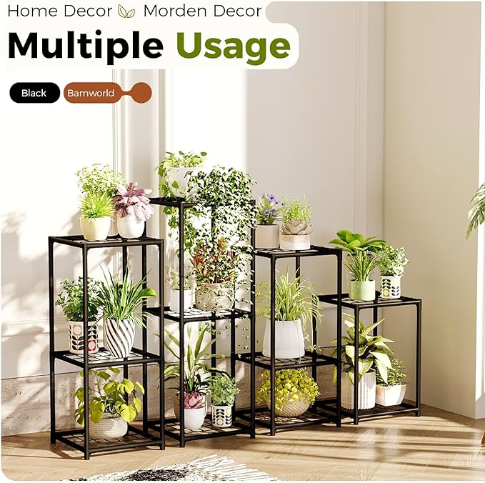 Bamworld Plant Stands Indoor 4 Sets Plant Shelves Outdoor Metal Plant Holder for Multiple Plants Flower Stands Window