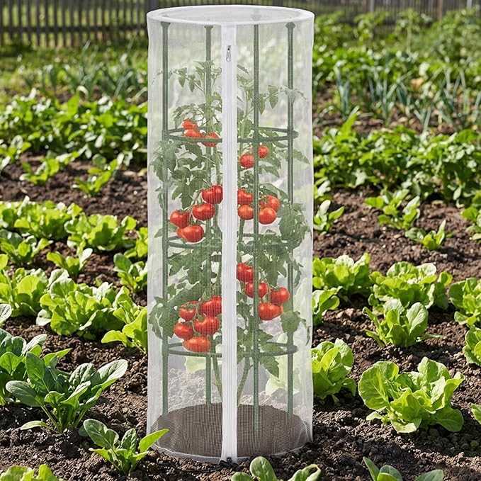 4 Pcs Garden Bird Netting Cover for Round Tomato Cage, 59" x 18" Tomato Trellis Insect Barrier Protection Mesh, Plant Cage Garden Net Cover with Zipper for Vertical Climbing Plants Vegetables Fruits