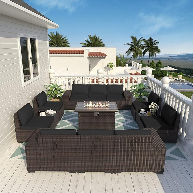 ALAULM 13 Pieces Outdoor Patio Furniture Set with Propane Fire Pit Table Outdoor Sectional Sofa Sets Patio Furniture 43" Gas Fire Pit Brown PE Rattan Patio Conversation Set w/10 Cushions (New Black)