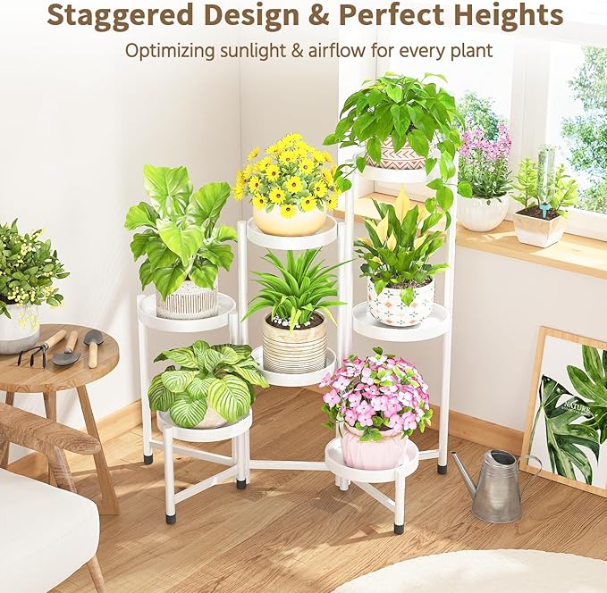 LASZOLA 7 Tiered Folding Tall Plant Stand Indoor for Multiple Large Planter, Heavy Duty Metal Adjustable Flower Rack for Narrow Corner, Sturdy Vertical Spiral Shelving Holder for Modern House, White