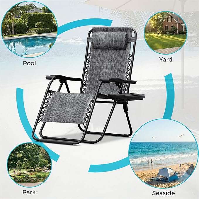 Homall Zero Gravity Chair Patio Folding Lawn Outdoor Lounge Reclining Chair with Cup Holder Pillows for Poolside Backyard and Beach Set of 4 Double Grey