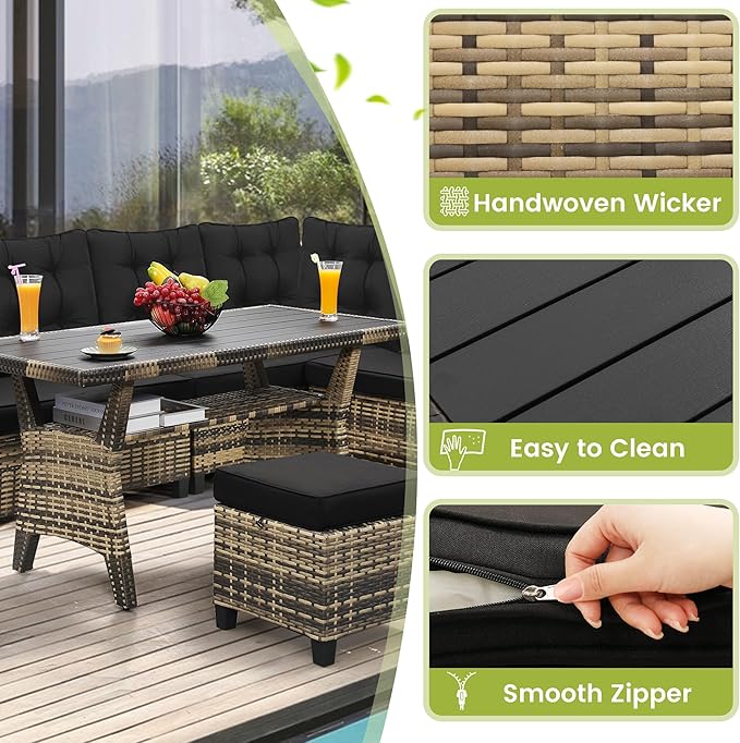 6-Piece Patio Furniture Set, Outdoor Sectional Sofa with Dining Table & Chairs, All-Weather Dining Set with Removable Cushion Covers, Ideal for Garden, Porch, Backyard, Black