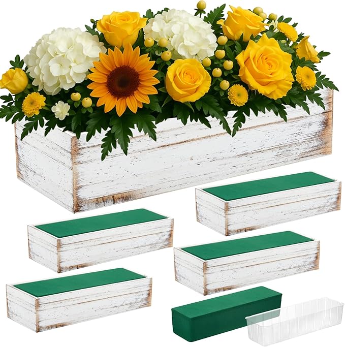 Dandat 5 Set Wood Boxes for Centerpieces 12x4 Inch Rectangle Wooden Planter Box Rustic Wooden Planters with Removable Plastic Liner Floral Foam Blocks for Christmas Wedding Home Garden Decor(White)