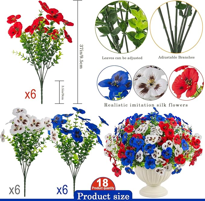 36 Pcs Artificial Fake Pansy Flowers for Outdoor, UV Resistant Faux Silk Pansies Patriotic Flowers for Outside for Planter Front Door Porch Patio Window 4th of July Home Decor(36, Red, White, Blue)