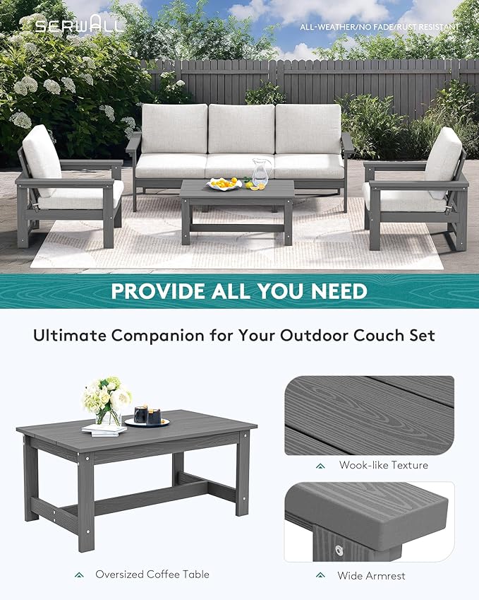 SERWALL HDPE Patio Conversation Set, 6-piece Sectional Outdoor Furniture Set, All Weather Outdoor Couch Set Patio Furniture Set for Deck, Lawn, Grey Frame with Grey Cushion