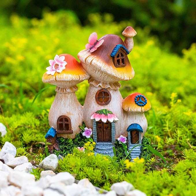 Solar Garden Statue Lights Mushroom Mothers Day Decorations Fairy House Figurine Lights, Outdoor Memorial Garden Ornaments Waterproof Decoration for Outside Patio Yard Lawn Decor