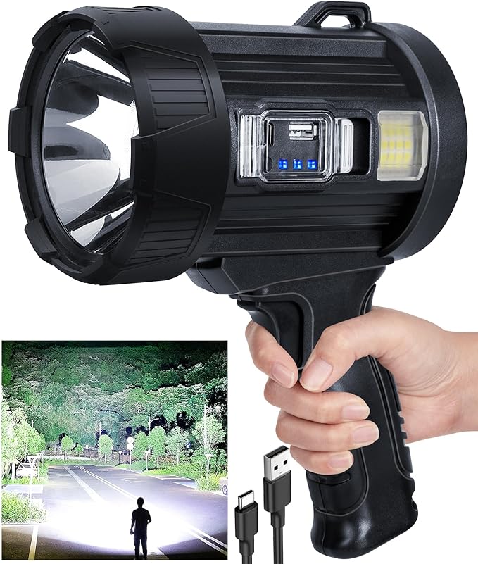 Rechargeable Spotlight,99,000 LM Super Bright Handheld Spot Light LED Flashlight High Lumens,Powered Spotlight Large Searchlight Outdoor with Solar Panels & COB Light for Boat Camping Hunting