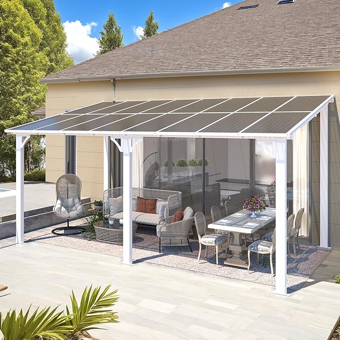AECOJOY 16' x 8' White Gazebo Outdoor Pergola for Patio, Hard Top Lean to 8x16 Gazebo Shelter Pergolas and Gazebos Clearance with Patio Roof, Large Wall-Mounted Heavy Duty Awnings for Backyard