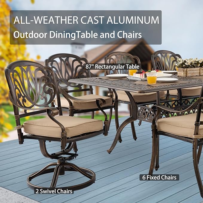 9-Piece Cast Aluminum Patio Furniture, Outdoor Dining Sets for 8 Include 87" Rectangular Patio Dining Table, 6 Stackable Chairs & 2 Swivel Chairs with Cushions & Umbrella Hole(Bronze)