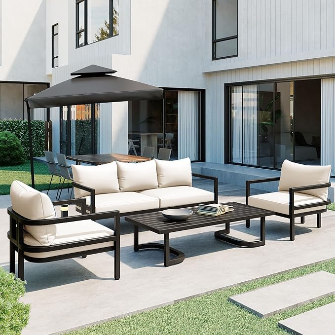 Merax 4 Piece Sectional Furniture Patio Sofa Multi-Person Outdoor Steel Sofa Set, Waterproof, Anti-Rust and Anti-uv, Suitable for Gardens and Lawns，Beige