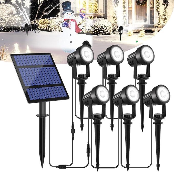 T-SUNUS Christmas Solar Garden Spotlight Outdoor 6-in-1 White Landscape Spot Lights IP65 Waterproof Separated Panel Dusk to Dawn 6000K Spotlights for Tree Yard Driveway Pathway Porch Walkway Halloween