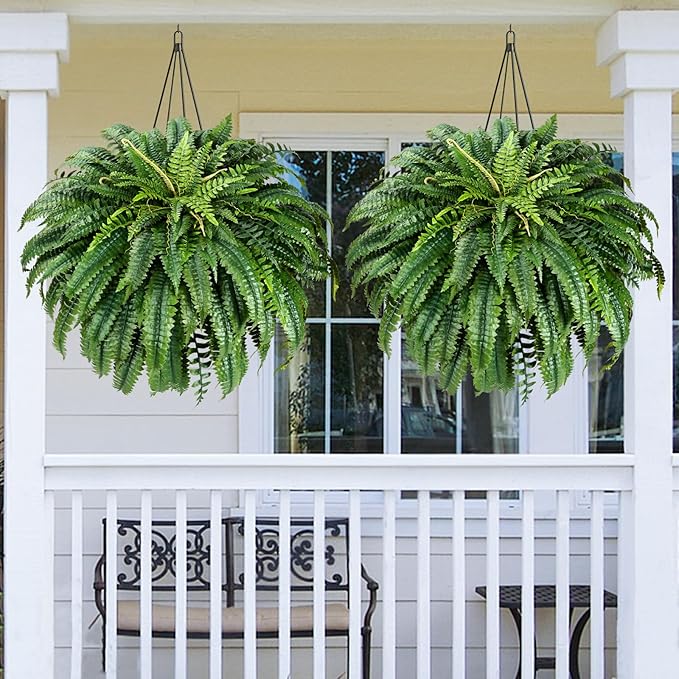 MARTINE MALL 2Pcs 48'' Fake Ferns Look Real Artificial Ferns for Outdoors, 88 Branches Large Faux Boston Fern for Outdoor Planter Realistic UV Resistant Hanging Artificial Fake Plants for Porch Patio