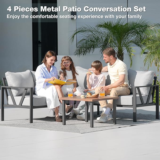Outdoor Furniture Set, 6 Pieces Outdoor Couch Sectional, L Shaped Metal Patio Corner Sofa with 6” Thick Cushions, Patio Seating Conversation Set, Light Grey