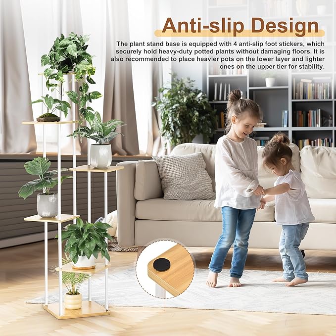 6 Tier Plant Stand Indoor Outdoor, Wood Metal Corner Shelf, Multiple Flower Pot Rack Holder Shelves, Planter Shelf Display Storage Organizer White