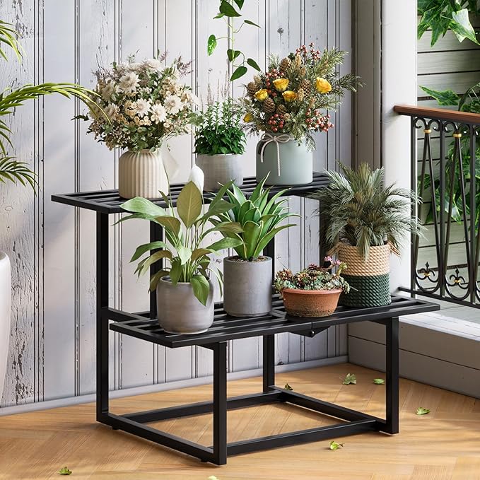 Metal Plant Stand, Foldable Heavy Duty Indoor, Window Iron Plant Shelf - Mid Century Modern Slatted Display for Patio,Garden, Living Room Load Bearing 330 lbs 26" L x 20.2" H x 17.7" W2 Tier Black